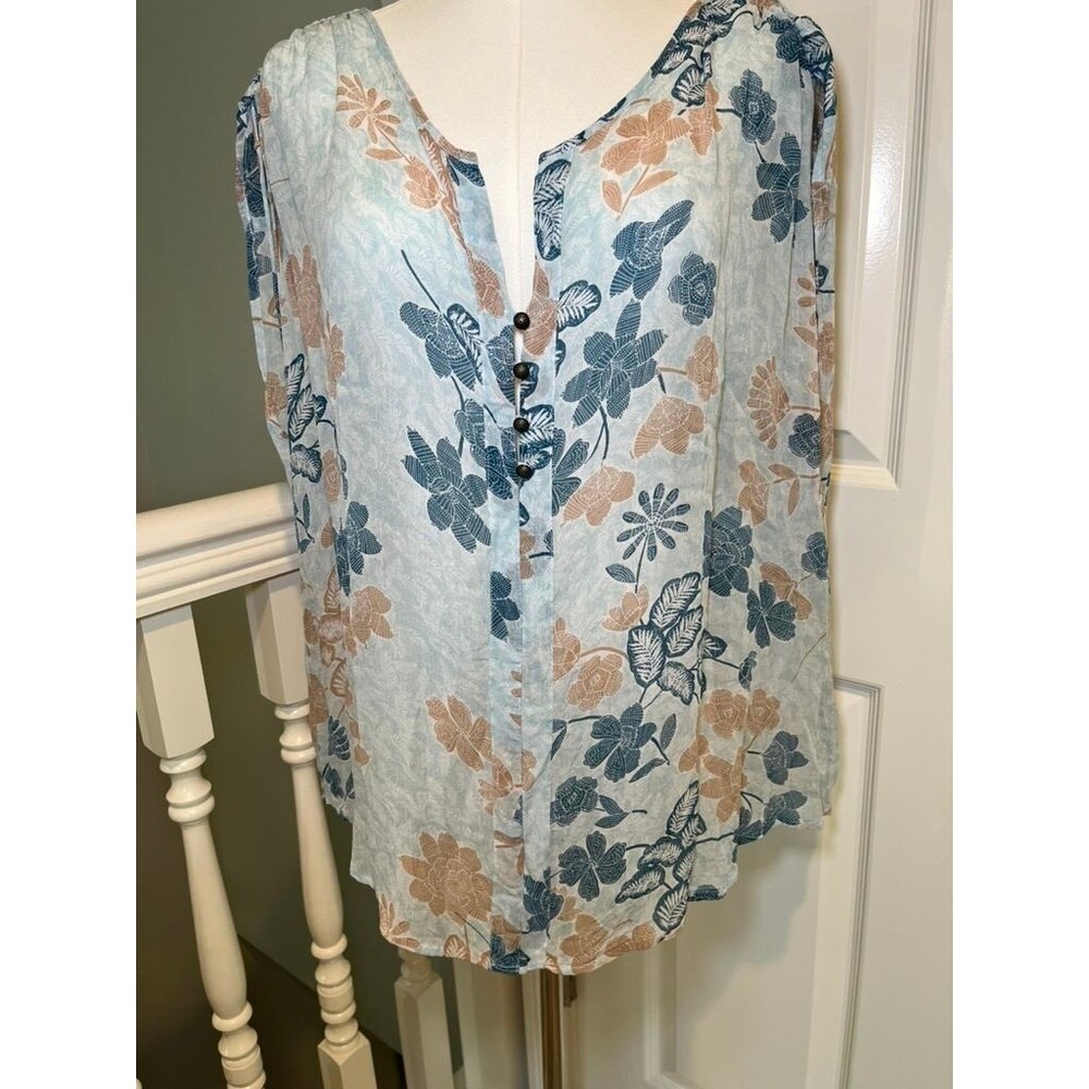 Lucky Brand 2X Floral Sleeveless Blouse Blue Tan Button Henley Boho Top Plus
